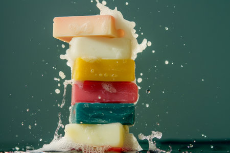 Tower of Multicolored Soaps with Glossy Finish and Bubbles.の素材