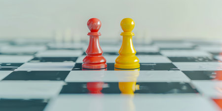 Two chess pieces, one red and one yellow, are on a checkered board.の素材