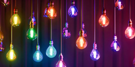 Multicolored Illuminated Light Bulbs Suspended in Dark Space.の素材