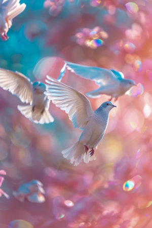 A flock of white birds flying in the sky.の素材