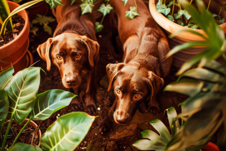 Two brown dogs are looking at the camera in a garden.の素材