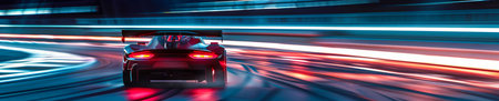 Rear of a Modern Race Car Speeding on a Track at Night.の素材