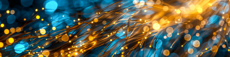 Sweeping Golden and Blue Fiber Optic Cables with Bokeh Effects.の素材