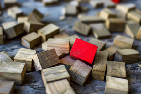 A pile of wooden blocks with a red block in the middle.の素材