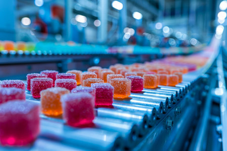 A conveyor belt is filled with a variety of colorful gummy bears.の素材