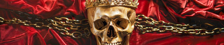Magnificent Golden Skull with Crown and Chains on Red Velvet.の素材