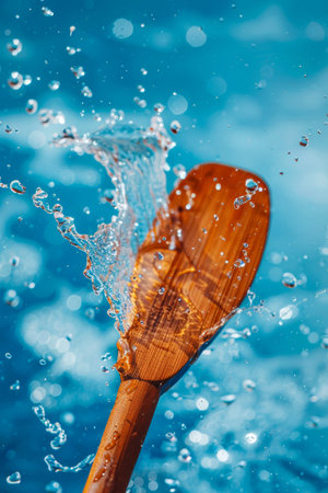 A wooden paddle is in the water with a splash of water around it.の素材