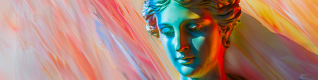 A statue of a woman with a blue face is surrounded by a colorful background.の素材