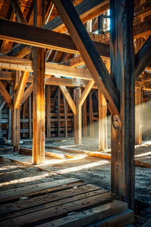 A large open space with wooden beams and a lot of sunlight.の素材