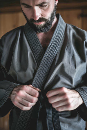 A man in a black kimono is adjusting the belt.の素材