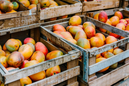 A crate of mangoes sits on top of another crate of mangoes.の素材
