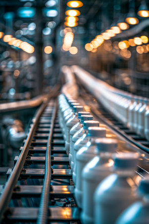 A row of bottles are being filled with milk in a factory.の素材
