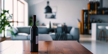 A bottle of wine sits on a wooden table in a living room.の素材