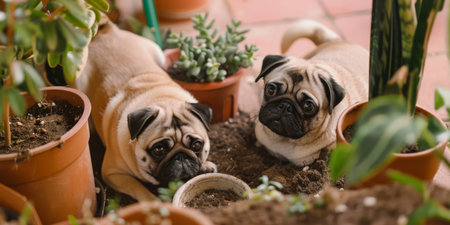 Two pugs are looking at each other in a garden.の素材