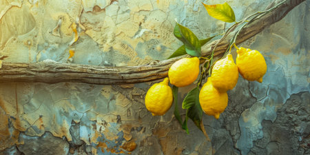 A branch with a bunch of lemons hanging from it.の素材
