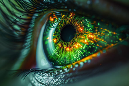 Intense Detailed View of an Eye with HighTech Circuitry.の素材