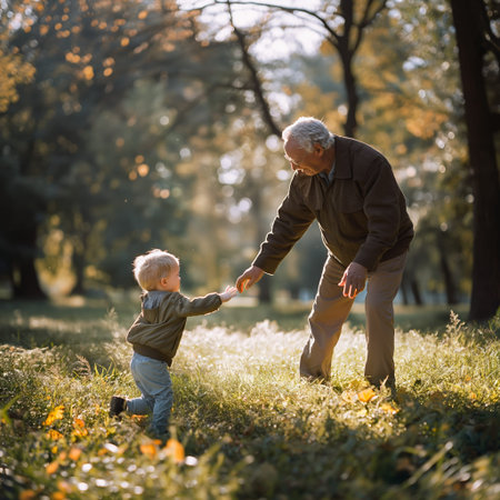 Grandfather and Grandson Enjoying a Sunny Day in the Park.の素材