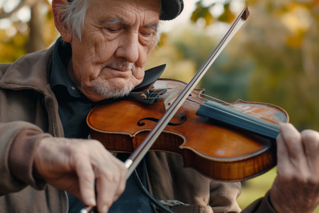 Senior Man Playing Violin Outdoors in Autumn Park, Capturing Emotions and Passion for Music.の素材