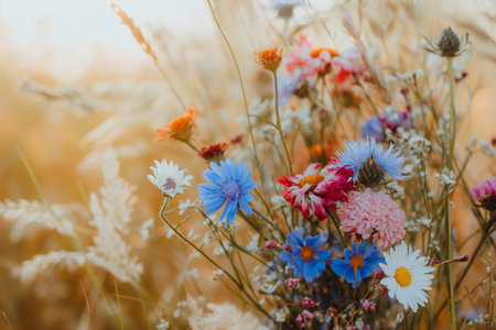 Colorful Wildflower Bouquet in Sunlit Field Capturing Nature's Vibrant Beauty.の素材
