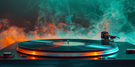 Vintage Vinyl Record Player with Smoke Effects and Vibrant Lighting in Retro Setting.の素材