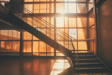 Sunlit Staircase in Modern Building Interior with Large Windows.の素材