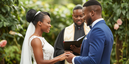 Beautiful Outdoor Wedding Ceremony with Bride and Groom Exchanging Vows in Garden Setting.の素材