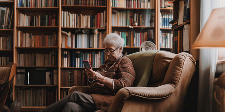 Senior Woman Reading on Tablet in Cozy Home Library with Bookshelves and Soft Lighting.の素材