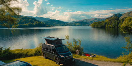 Scenic Lakeside Camping with Camper Van on a Sunny Day in the Mountains.の素材