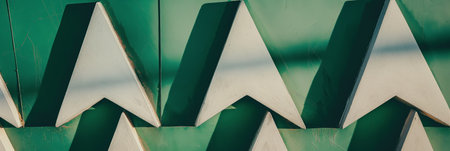 Geometric Green and White Arrow Pattern on Wall in Sunlight.の素材