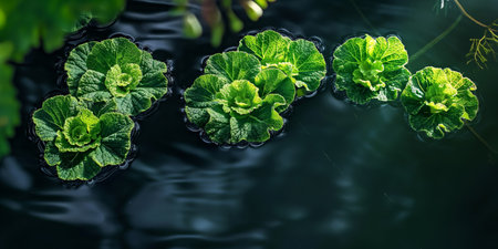 Lush Green Water Lettuce Floating in Tranquil Pond Vibrant Aquatic Plants in Natural Water Garden Environment.の素材