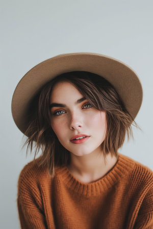 Casual Portrait of a Young Woman in a Brown Sweater and Hat with Soft Lighting.の素材