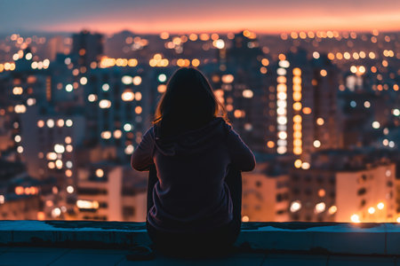 Contemplative Woman Sitting on Rooftop Overlooking City Lights at Dusk.の素材