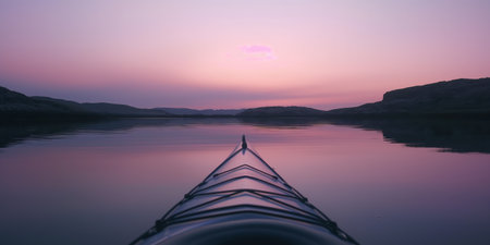 Tranquil Sunset Kayaking on Calm Waters with Scenic Mountainous Landscape.の素材