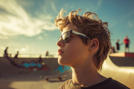 Boy Wearing Sunglasses at Skate Park with Sunny Sky and Graffiti Background.の素材