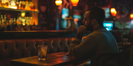 Contemplative Man Sitting Alone in Dimly Lit Bar with Drink.の素材