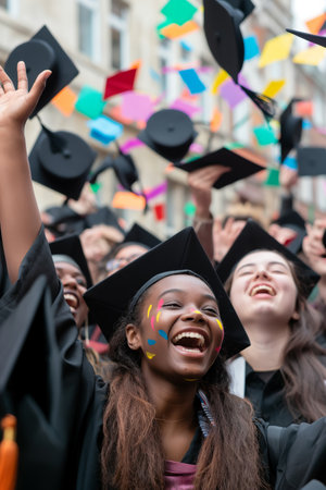 Jubilant Graduates Celebrating Graduation with Colorful Confetti in Urban Setting.の素材