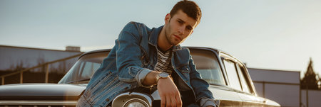 Young Man in Denim Jacket Posing by Classic Car at Golden Hour.の素材