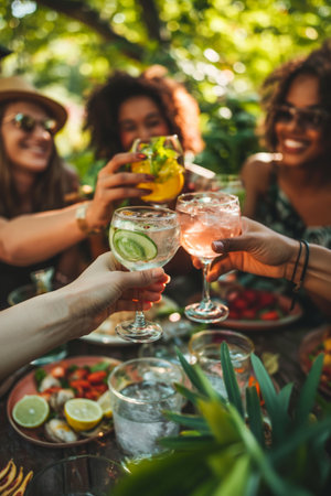 Friends Toasting Outdoors with Refreshing Summer Drinks in a Garden Setting.の素材