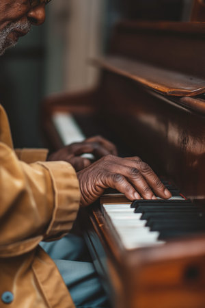 Elderly Person Playing Piano in a Warm and Cozy Setting.の素材