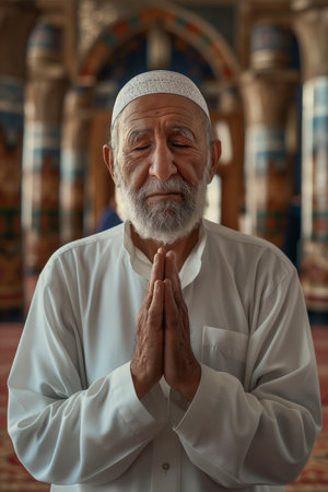 Elderly Man Praying in Traditional Islamic Mosque with Colorful Architecture.の素材