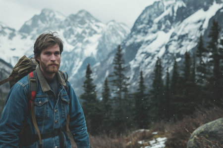 Man Hiking in Snowy Mountain Landscape with Backpack and Denim Jacket.の素材