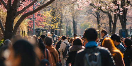 Spring Crowd Under Cherry Blossoms in a Public Park.の素材