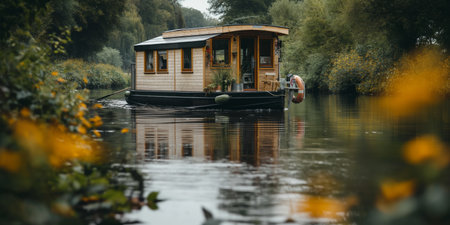 Cozy Houseboat on Serene River Amid Lush Greenery in Autumn.の素材