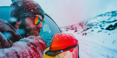 Man Enjoying Snowy Winter Road from Car with Colorful Sunglasses.の素材