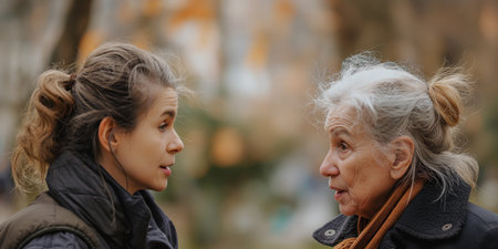 Elderly Woman and Young Woman Engaged in Conversation in Autumn Park.の素材