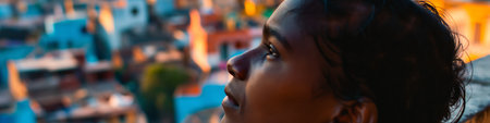 Contemplative Woman with Colorful Urban Background in Evening Light.の素材