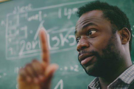 Teacher Explaining Concept on Blackboard in Classroom Setting.の素材