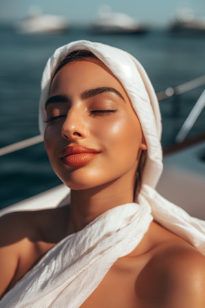 Woman Enjoying Sun on Yacht with White Headscarf and Natural Makeup by the Sea.の素材
