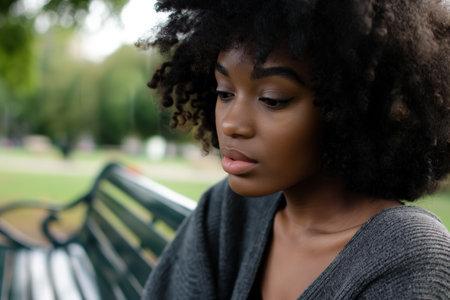 Thoughtful Young Woman Sitting on Park Bench in Natural Setting.の素材