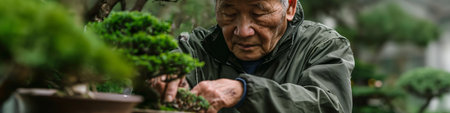 Elderly Man Tending to Bonsai Plants in Outdoor Garden.の素材